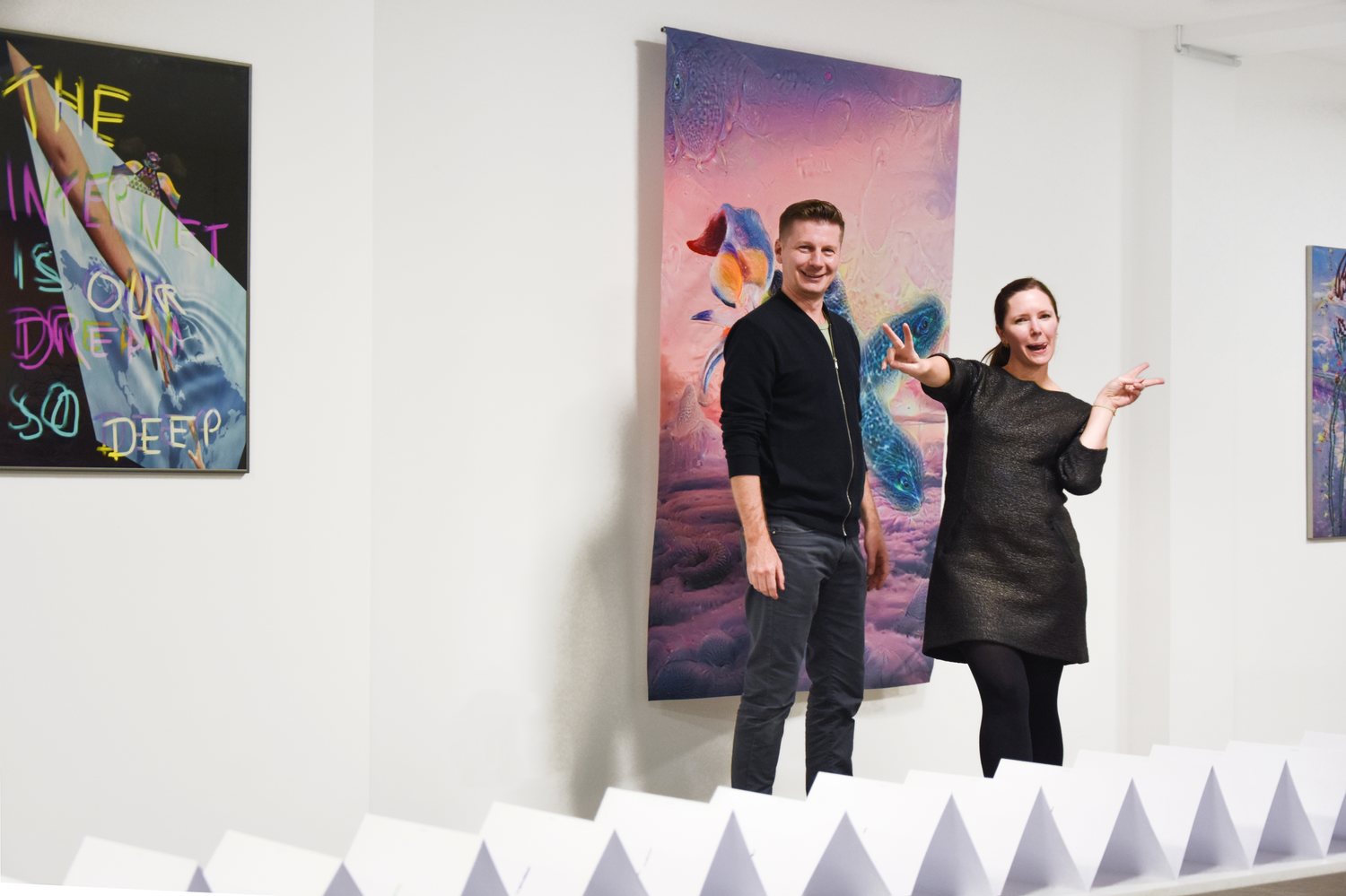 AUTOMATIC DREAMS — Florian Kuhlmann and Gretta Louw at the opening, in front of a cloud painting