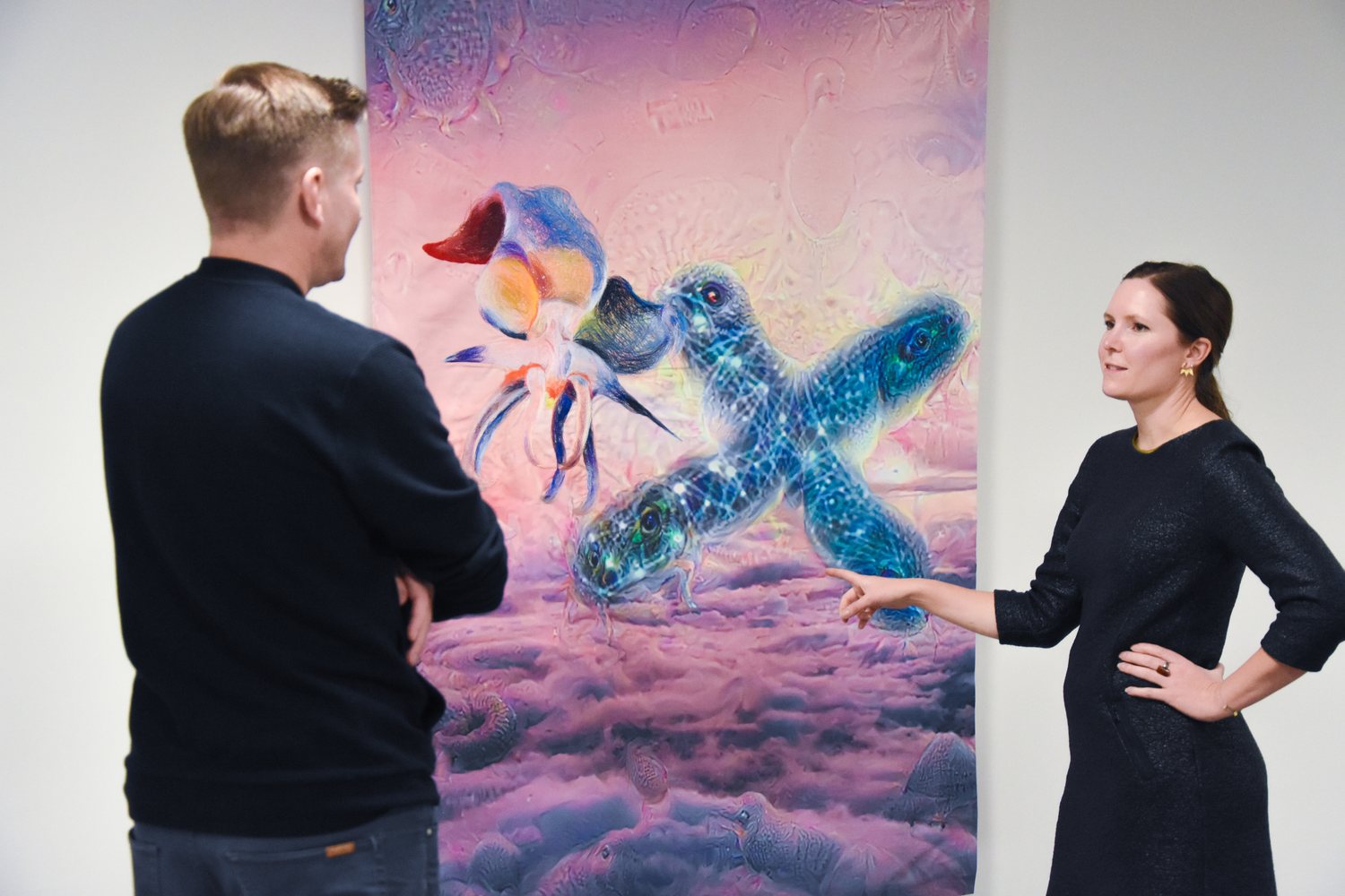 AUTOMATIC DREAMS — visitors at the opening in front of the starfish 'X' painting