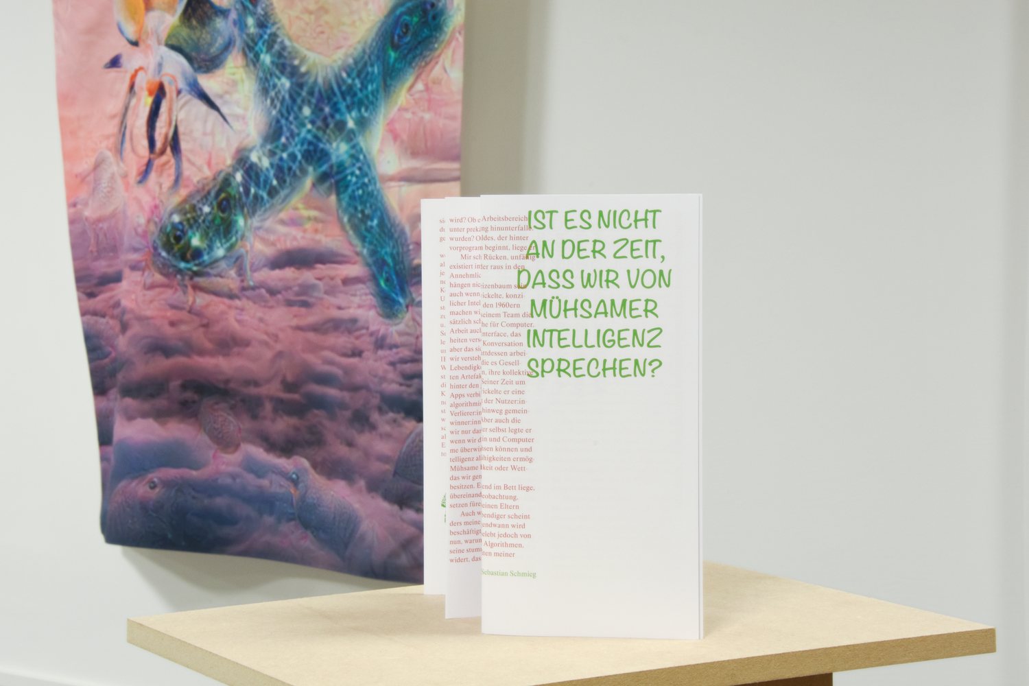 AUTOMATIC DREAMS — a wall of dense text beside a cloud painting