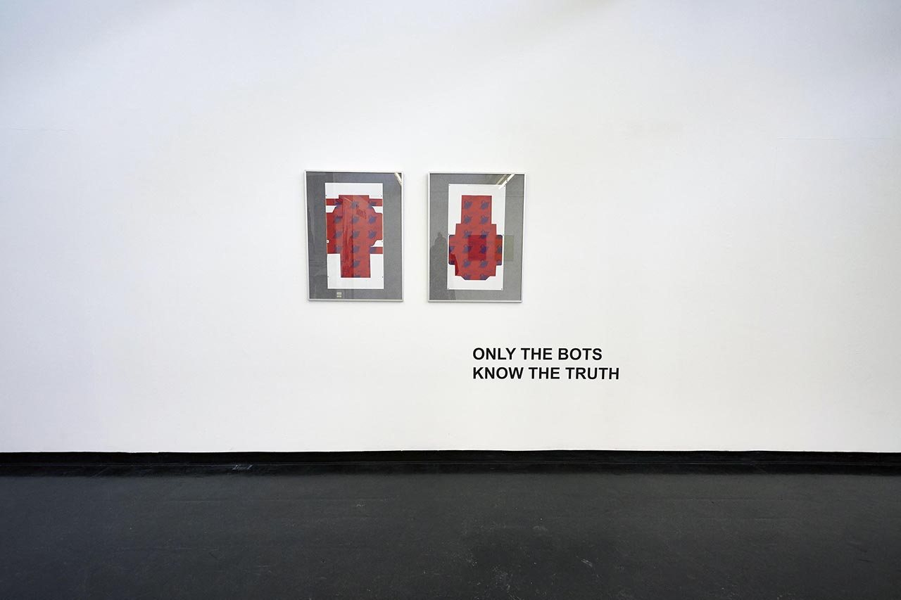 HIGH RES LOW BROW — red framed works, 'ONLY THE BOTS KNOW THE TRUTH'