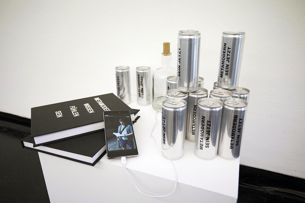 HIGH RES LOW BROW — an installation of energy-drink cans and a book, 'NETWORKING'
