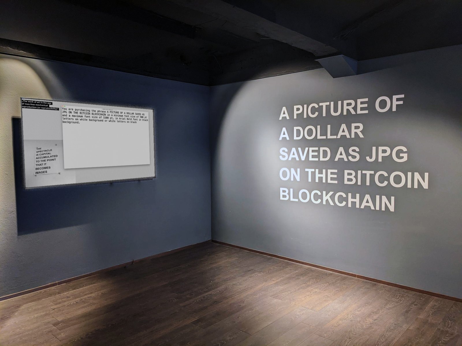 TRIBUTE TO GUY — installation view at the Neonreal Gallery, the wall text and the definition placard